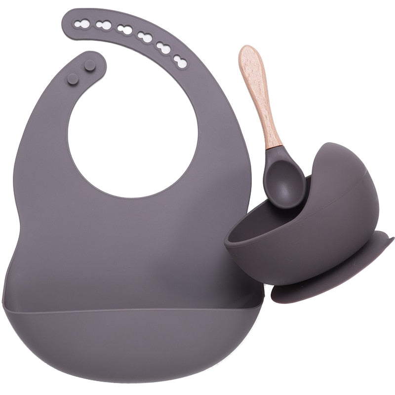 Set Repas Bébé en Silicone Bavoir et Bol Ventouse