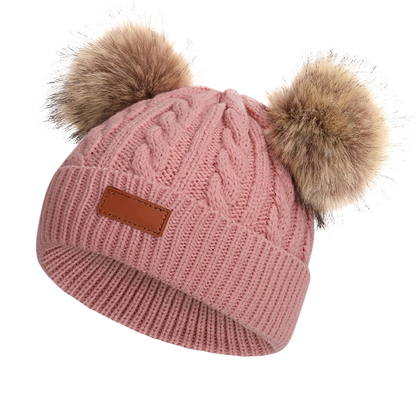 Bonnet bébé hiver maille double pompons coloris rose poudré