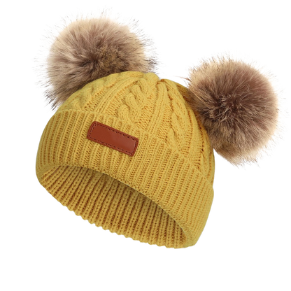 Bonnet bébé hiver maille double pompons coloris moutarde