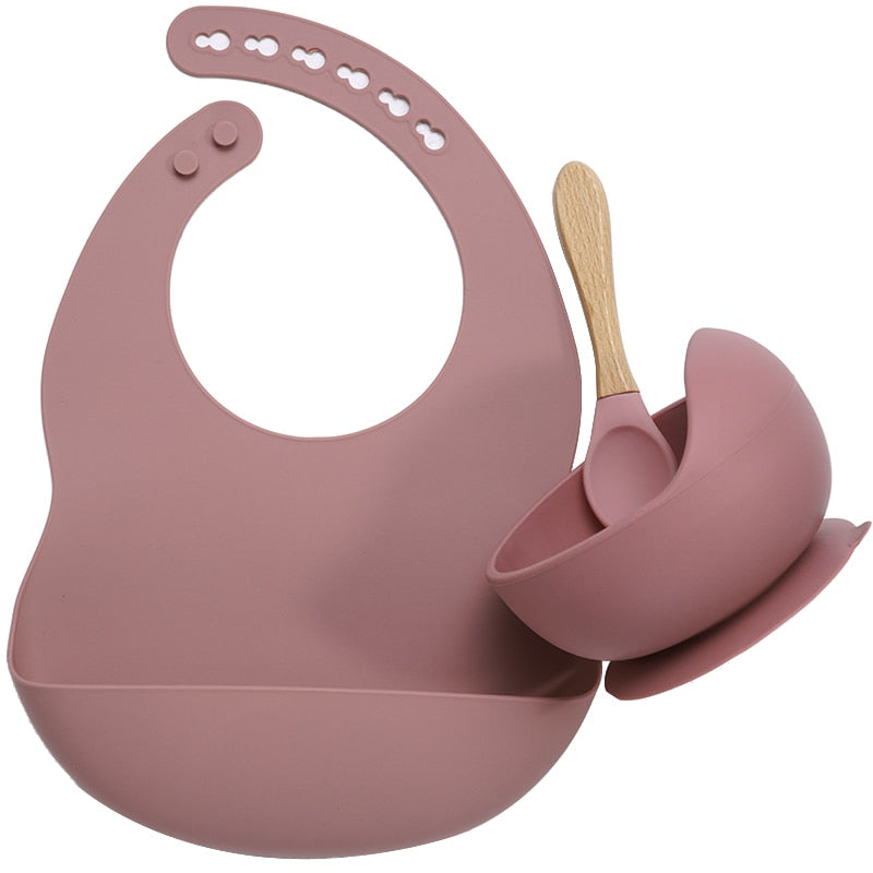 Set Repas Bébé en Silicone Bavoir et Bol Ventouse