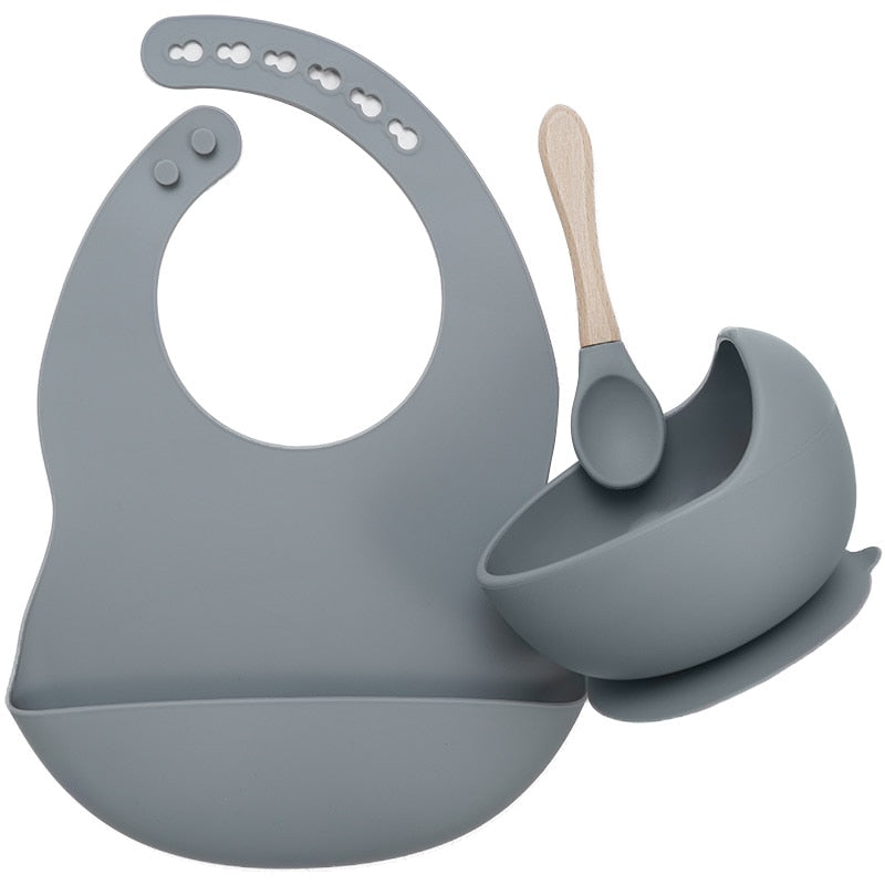 Set Repas Bébé en Silicone Bavoir et Bol Ventouse