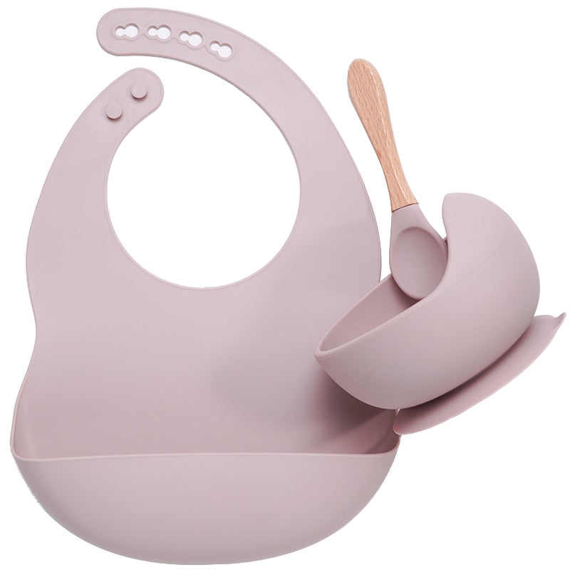 Set Repas Bébé en Silicone Bavoir et Bol Ventouse