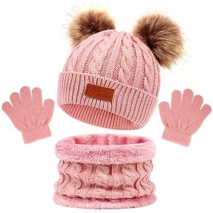 Ensemble bonnet écharpe gants bébé hiver coloris rose poudré