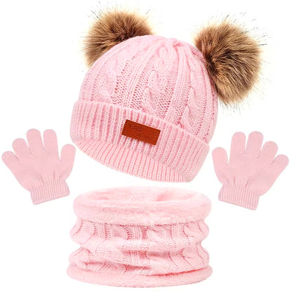 Ensemble bonnet écharpe gants bébé hiver coloris rose clair