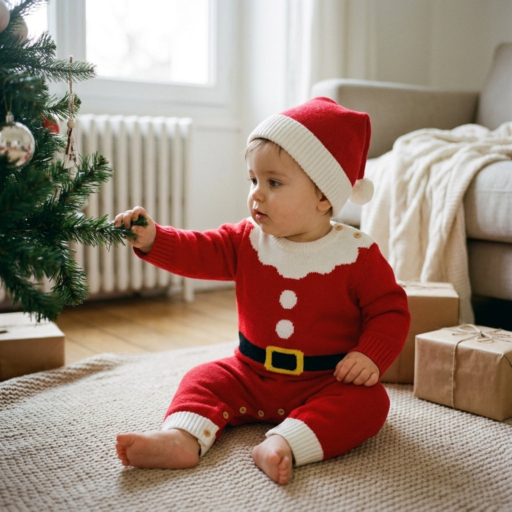 Combinaison Bébé Noël en Tricot – Père Noël avec Bonnet 3-18 mois