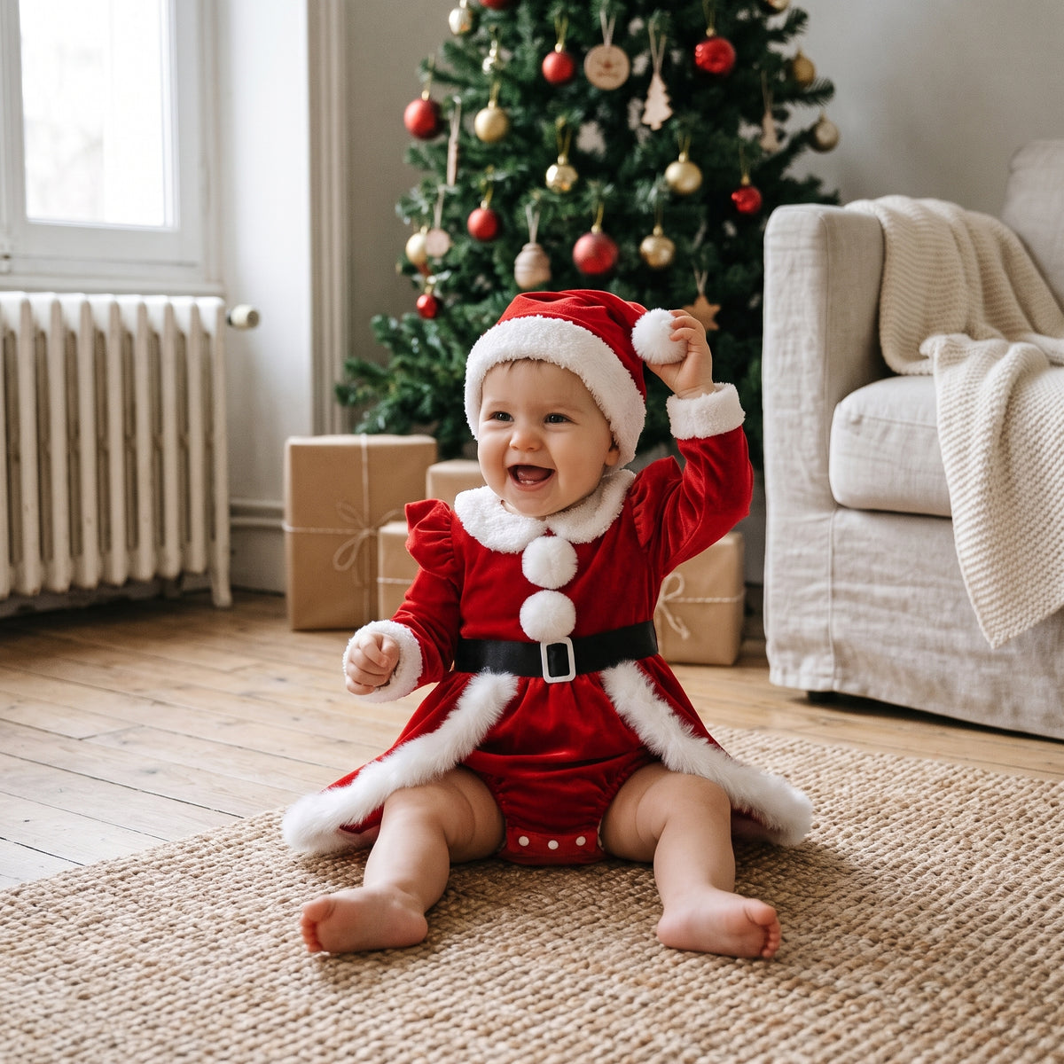 Robe Barboteuse Bébé Mère Noël en Velours avec Bonnet – 1-18 mois