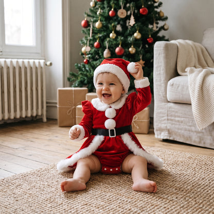 Robe Barboteuse Bébé Mère Noël en Velours avec Bonnet – 1-18 mois