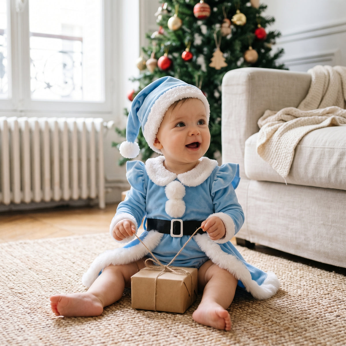 Robe Barboteuse Bébé Mère Noël en Velours avec Bonnet – 1-18 mois