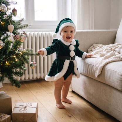 Robe Barboteuse Bébé Mère Noël en Velours avec Bonnet – 1-18 mois