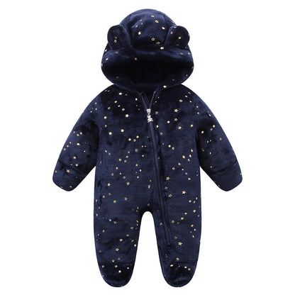 Combinaison bébé polaire à capuche ourson bleu marine à étoiles dorées, pieds fermés
