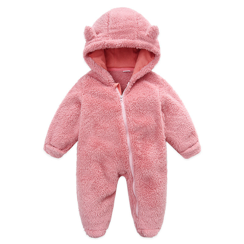 Combinaison bébé polaire peluche rose à capuche oreilles d&