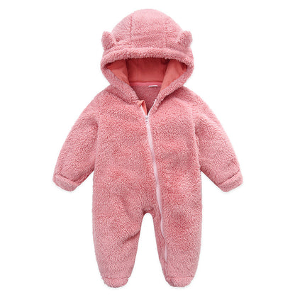 Combinaison bébé polaire peluche rose à capuche oreilles d&