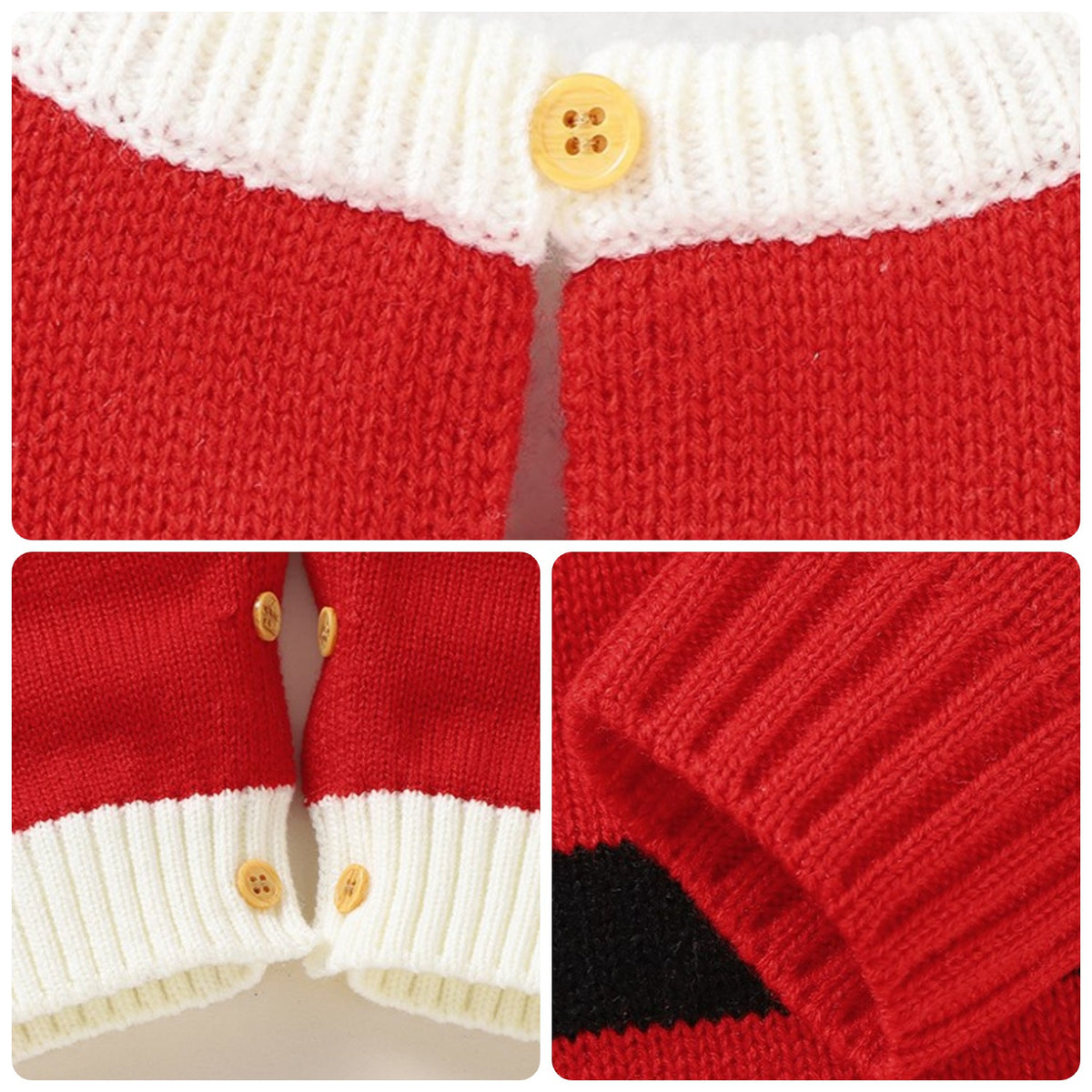 Détails de la combinaison bébé Noël en tricot : bouton au col, manche, boutons à l&