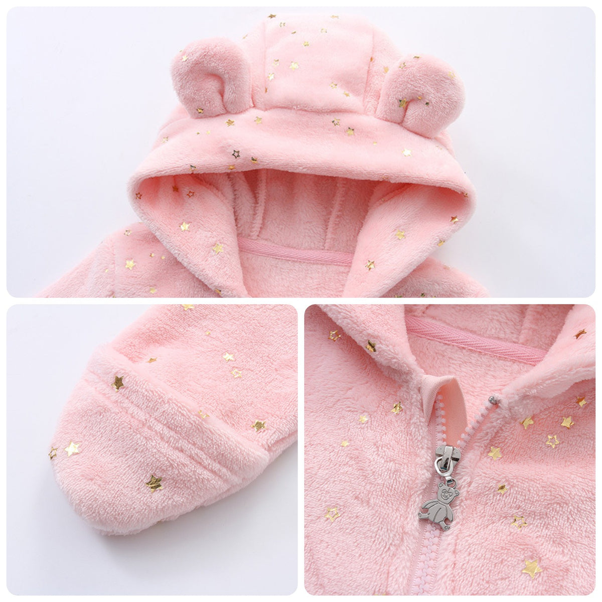 Détails de la combinaison bébé polaire : capuche à oreilles d&