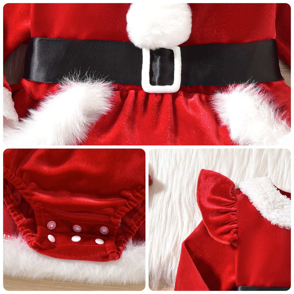 Détails de la robe barboteuse bébé Mère Noël : pompons et ceinture, boutons-pression à l&