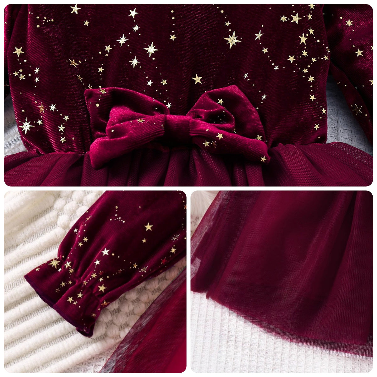 Détails de la robe de Noël fille : nœud en velours, poignet à volant étoilé, jupe en tulle