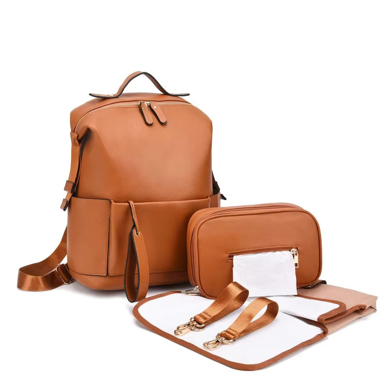 sac à langer MENDY camel, sac à dos à langer en cuir vegan, sac à langer multifonction avec matelas à langer et pochette, sac à langer imperméable pour bébé
