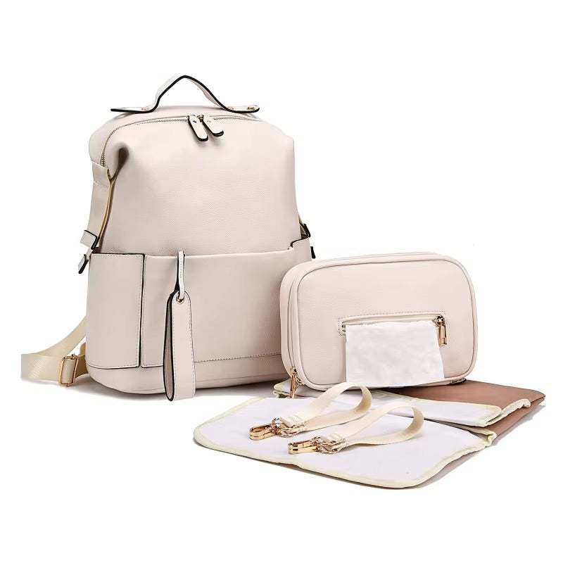 sac à langer MENDY ivoire, sac à langer élégant pour bébé, sac à dos à langer imperméable en cuir vegan, sac de maternité avec matelas à langer pliable