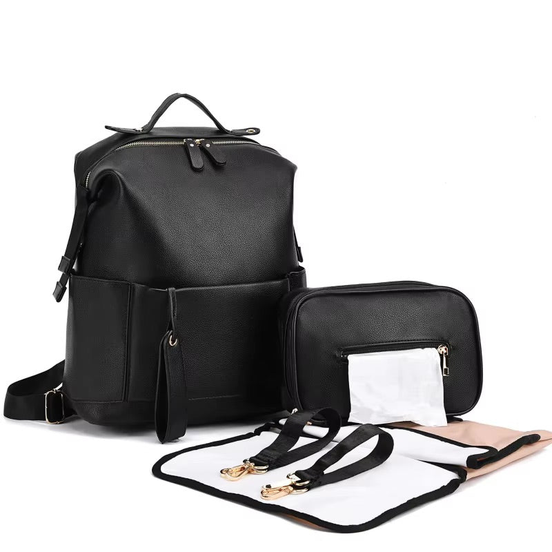 sac à langer MENDY noir, sac à dos à langer élégant et imperméable, sac à langer multifonction en cuir vegan, sac à langer design pour bébé avec matelas et pochette amovible
