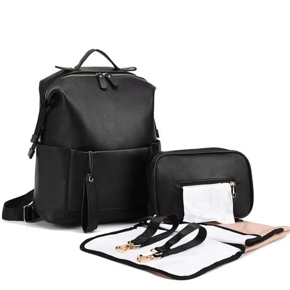sac à langer MENDY noir, sac à dos à langer élégant et imperméable, sac à langer multifonction en cuir vegan, sac à langer design pour bébé avec matelas et pochette amovible